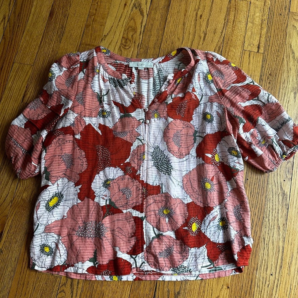 LOFT Red and Orange Puff Sleeve Blouse